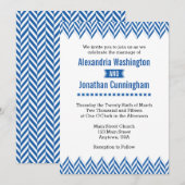 Blue White Herringbone Wedding Invitation Kaart (Voorkant / Achterkant)