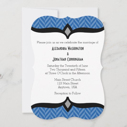 Blue White Herringbone Wedding Invitation Kaart (Voorkant)
