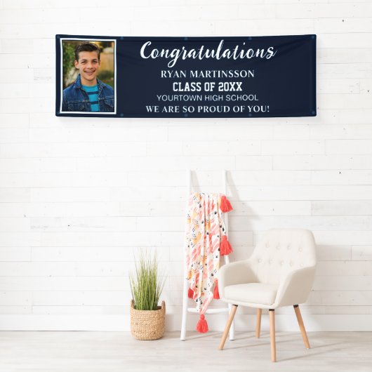 Blue White High School College Afstudeerfoto Spandoek (Insitu)