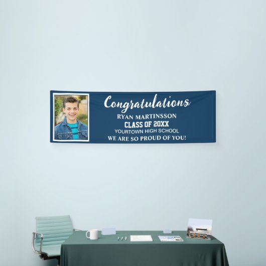 Blue White High School College Afstudeerfoto Spandoek (Beurs)