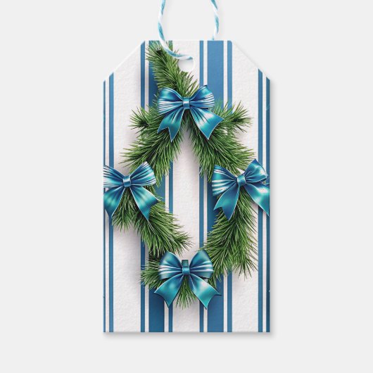 BLUE & WHITE HOLIDAY BOWS & STRIPES WITH GARLAND CADEAULABEL (Voorkant)