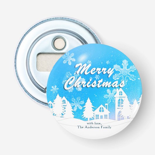 Blue White House Snowflakes Xmas Happy Nieuwjaar Button Flesopener (Voorkant)