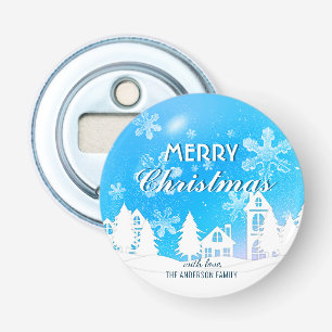 Blue White House Snowflakes Xmas Happy Nieuwjaar Button Flesopener