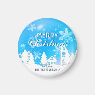 Blue White House Snowflakes Xmas Happy Nieuwjaar Magneet