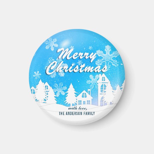 Blue White House Snowflakes Xmas Happy Nieuwjaar Magneet (Voorkant)