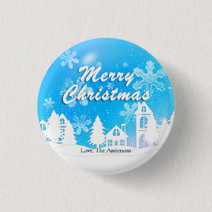 Blue White House Snowflakes Xmas Happy Nieuwjaar Ronde Button 3,2 Cm