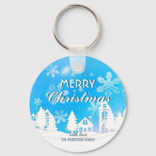 Blue White House Snowflakes Xmas Happy Nieuwjaar Sleutelhanger