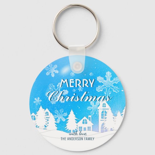 Blue White House Snowflakes Xmas Happy Nieuwjaar Sleutelhanger (Voorkant)