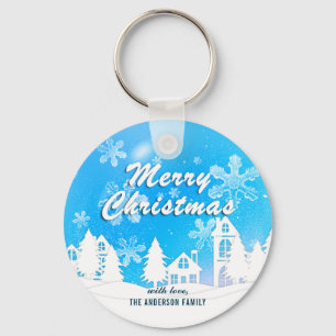 Blue White House Snowflakes Xmas Happy Nieuwjaar Sleutelhanger