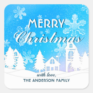 Blue White House Snowflakes Xmas Happy Nieuwjaar Vierkante Sticker
