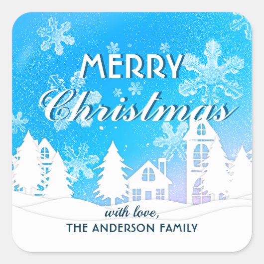 Blue White House Snowflakes Xmas Happy Nieuwjaar Vierkante Sticker (Voorkant)