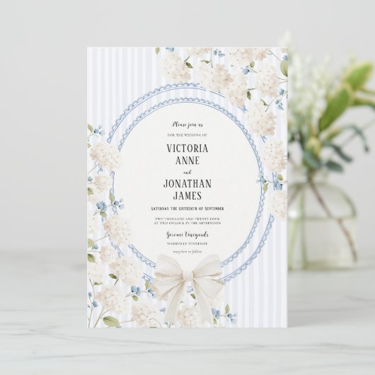 Blue White Hydrangea Stripe Vintage Wedding Kaart (Staand voorkant)