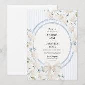 Blue White Hydrangea Stripe Vintage Wedding Kaart (Voorkant / Achterkant)