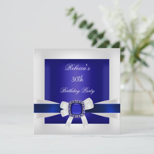 Blue White Jewel Bow 30th Birthday Party Silver Kaart (Staand voorkant)