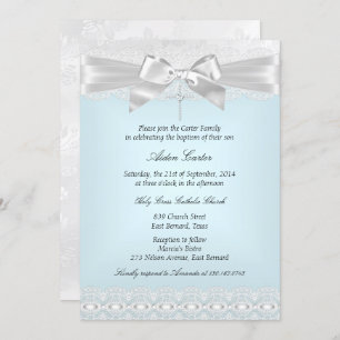 Blue White Lace Cross Baptisme Invite Kaart
