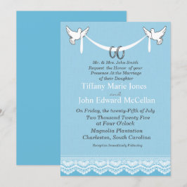 Blue White Lace Doves met Rings Wedding Kaart