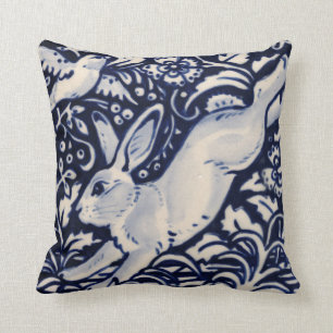 Blue White Leaping Rabbit Hare Bunny Chinoiserie Kussen
