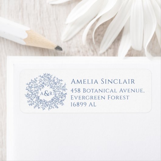 Blue white leaves wedding return address etiket (Insitu)