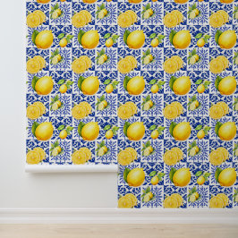 Blue White Lemon Pattern Mediterranean Citrus Behang