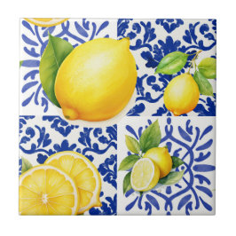 Blue White Lemon Pattern Mediterranean Citrus Tegeltje