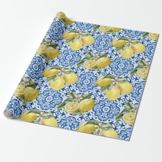 Blue White Lemon Tile Mediterranean Pattern Cadeaupapier (Uitgerold)