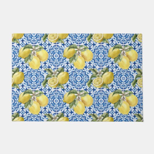 Blue White Lemon Tile Mediterranean Pattern Deurmat (Voorkant)