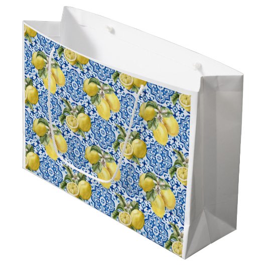 Blue White Lemon Tile Mediterranean Pattern Groot Cadeauzakje (Voorkant Gekanteld)