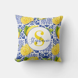 Blue White Lemon Tile Pattern Citrus Monogram Name Kussen