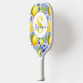 Blue White Lemon Tile Pattern Citrus Monogram Name Pickleball Paddle (Links)