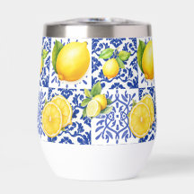 Blue White Lemon Tile Pattern Mediterranean Citrus