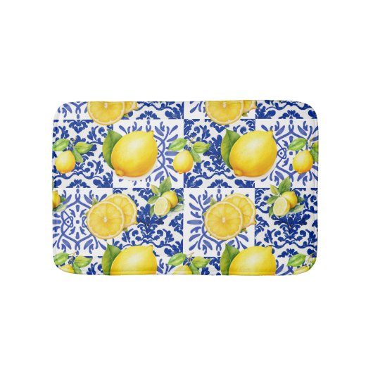 Blue White Lemon Tile Pattern Mediterranean Citrus Badmat (Voorkant)