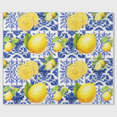 Blue White Lemon Tile Pattern Mediterranean Citrus Cadeaupapier (Vlak)