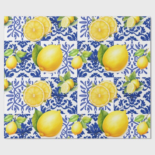 Blue White Lemon Tile Pattern Mediterranean Citrus Cadeaupapier (Vlak)