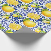 Blue White Lemon Tile Pattern Mediterranean Citrus Cadeaupapier (Hoek)