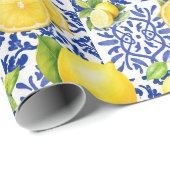 Blue White Lemon Tile Pattern Mediterranean Citrus Cadeaupapier (Rol Hoek)