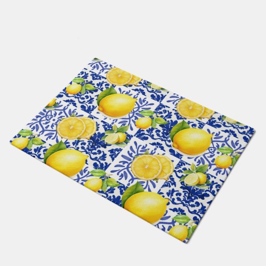 Blue White Lemon Tile Pattern Mediterranean Citrus Deurmat (Schuin)