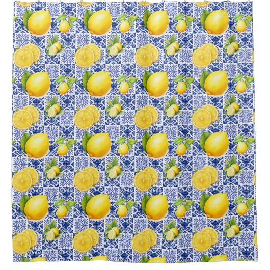 Blue White Lemon Tile Pattern Mediterranean Citrus Douchegordijn (Voorkant)