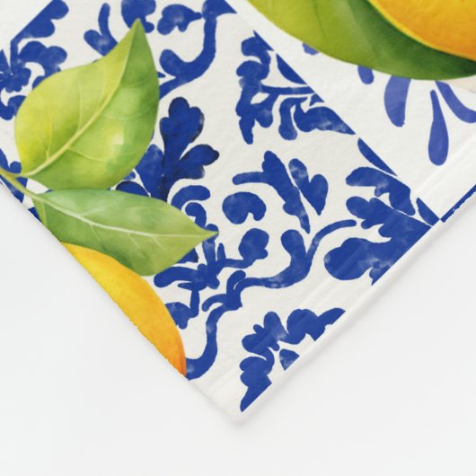 Blue White Lemon Tile Pattern Mediterranean Citrus Fleece Deken (Hoek)