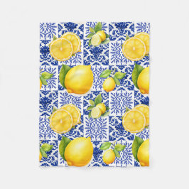 Blue White Lemon Tile Pattern Mediterranean Citrus Fleece Deken