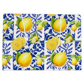 Blue White Lemon Tile Pattern Mediterranean Citrus Groot Cadeauzakje (Achterkant)