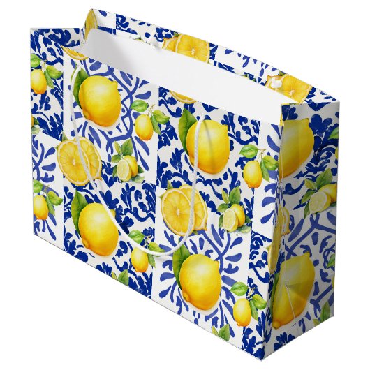 Blue White Lemon Tile Pattern Mediterranean Citrus Groot Cadeauzakje (Achterkant Gekanteld)