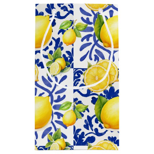 Blue White Lemon Tile Pattern Mediterranean Citrus Klein Cadeauzakje (Achterkant)