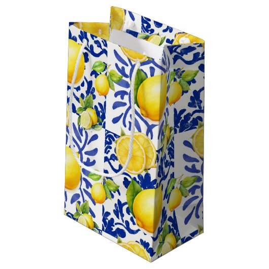Blue White Lemon Tile Pattern Mediterranean Citrus Klein Cadeauzakje (Achterkant Gekanteld)