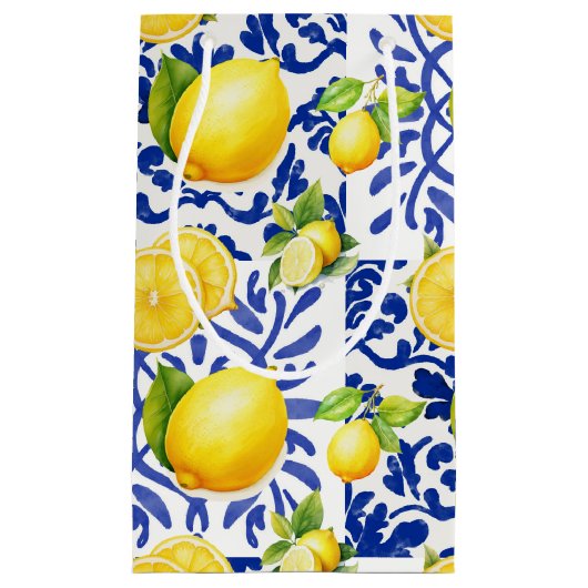 Blue White Lemon Tile Pattern Mediterranean Citrus Klein Cadeauzakje (Voorkant)