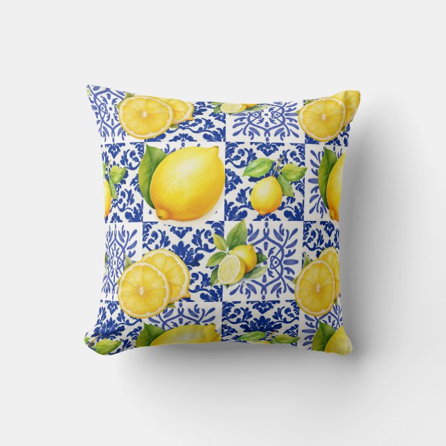 Blue White Lemon Tile Pattern Mediterranean Citrus Kussen (Voorkant)