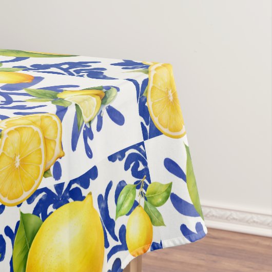Blue White Lemon Tile Pattern Mediterranean Citrus Tafelkleed (Voorbeeld)