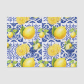 Blue White Lemon Tile Pattern Mediterranean Citrus Tissuepapier (Voorkant)