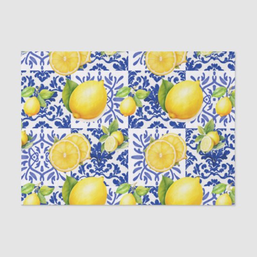 Blue White Lemon Tile Pattern Mediterranean Citrus Tissuepapier (Voorkant)