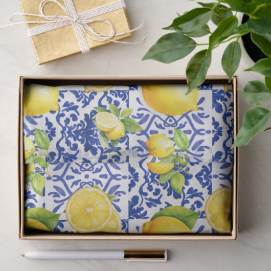Blue White Lemon Tile Pattern Mediterranean Citrus Tissuepapier (Geschenk)