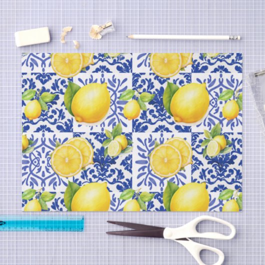Blue White Lemon Tile Pattern Mediterranean Citrus Tissuepapier (Craft)